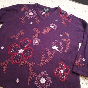 Vtg Extra Point by Reference‎ Womens 3X Purple Embroidered Sweater 3/4 Sleeve